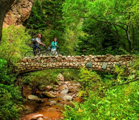 A couple biking over a bridge in Colorado Springs